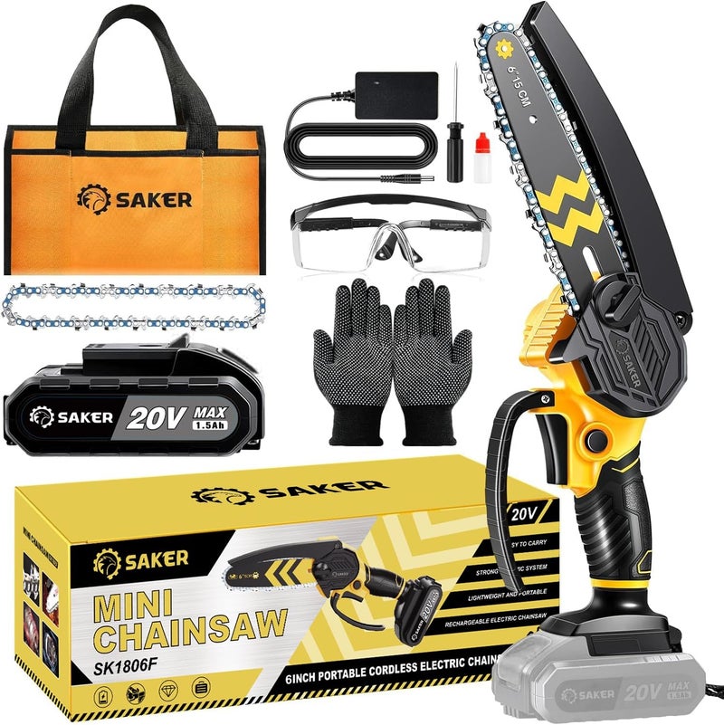 Saker Mini Chainsaw Cordless 6-Inch-Switch Security Lock-Cordless Power Chain Saws-Handheld Small Chainsaw for Cutting Wood Trimming and Woodworking- Mini Chain Saw Cordless with 1 Battery - Image 1